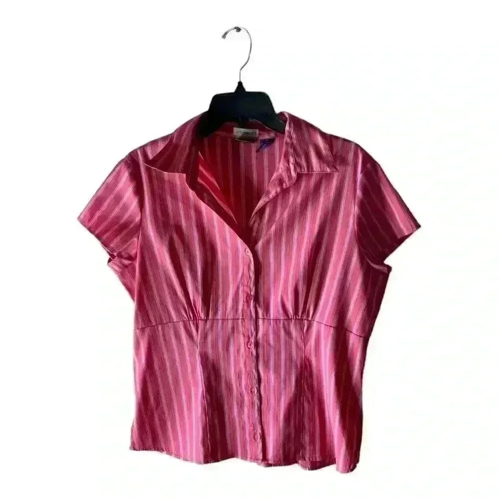 DCC Stretch Missy Blouse Womens Size Medium Short Sleeves Button Front Top